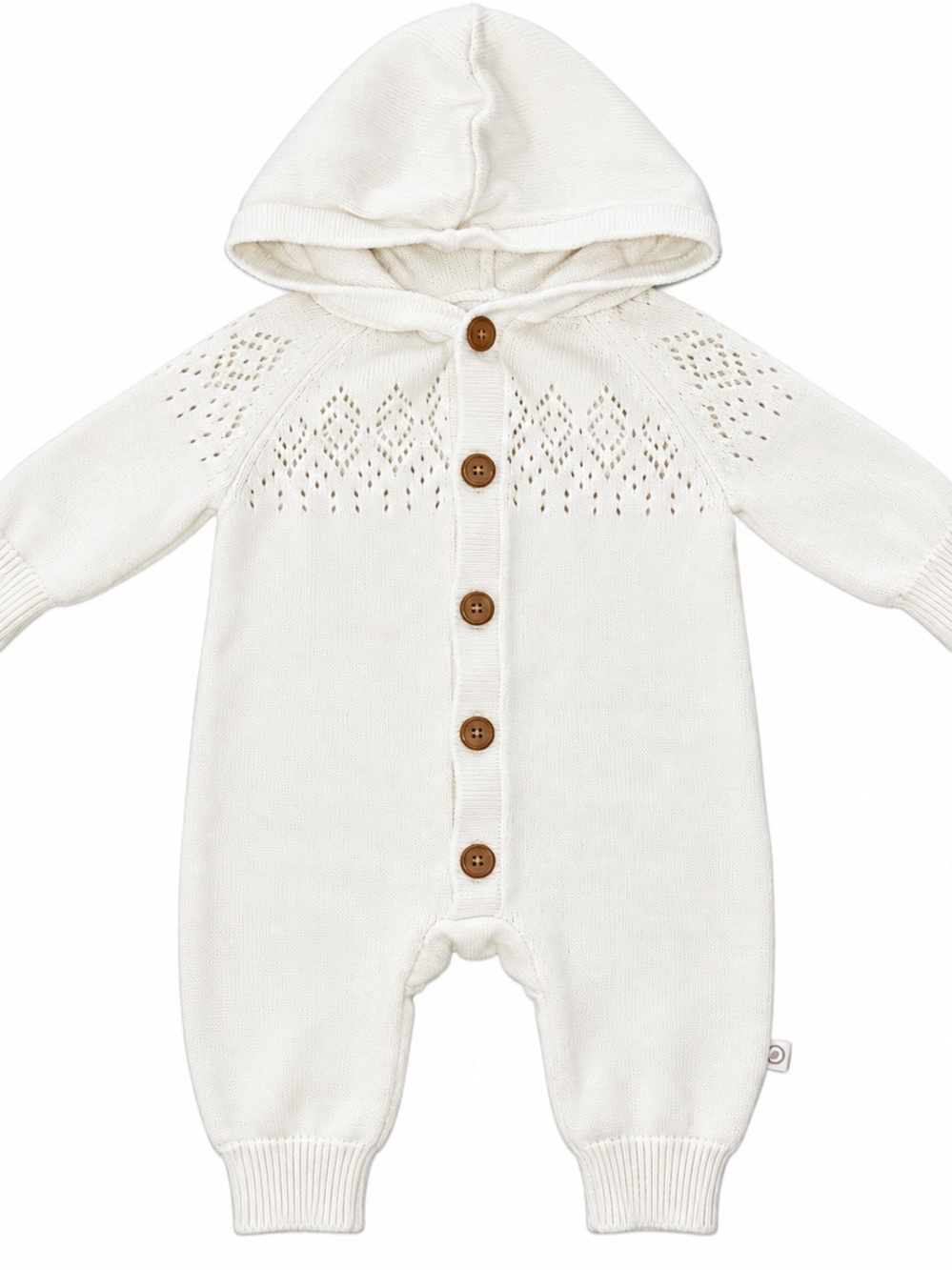 Cream Hooded Knit One-Piece Bodysuit with Button Front